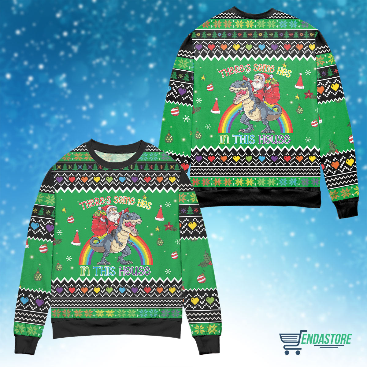 Santa Claus riding dinosaur there’s some hos in this house 3D Christmas Sweater - Holiday Gift product image 4