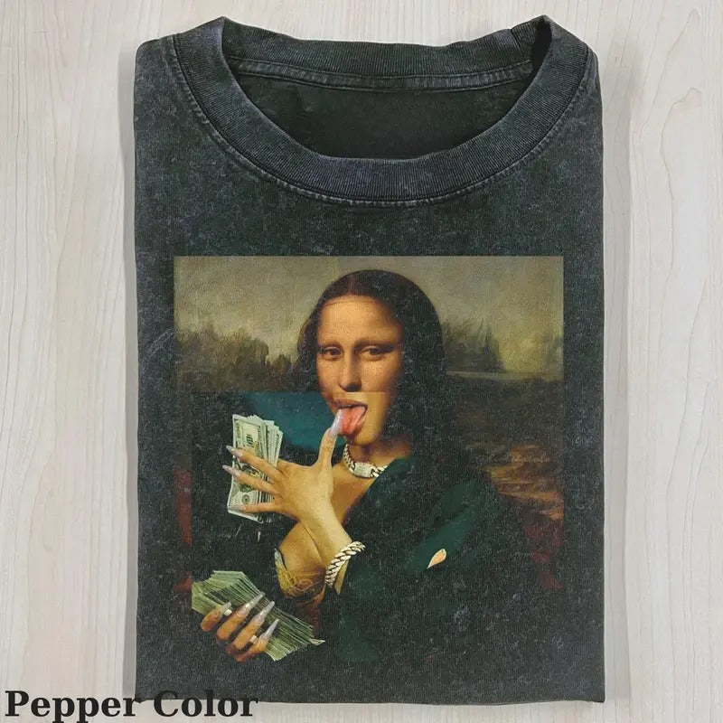 Funny Character Vintage Mona Lisa Counting Money Meme - Adult & Kids T-Shirts, Sweatshirts & Hoodies apparel design preview 1