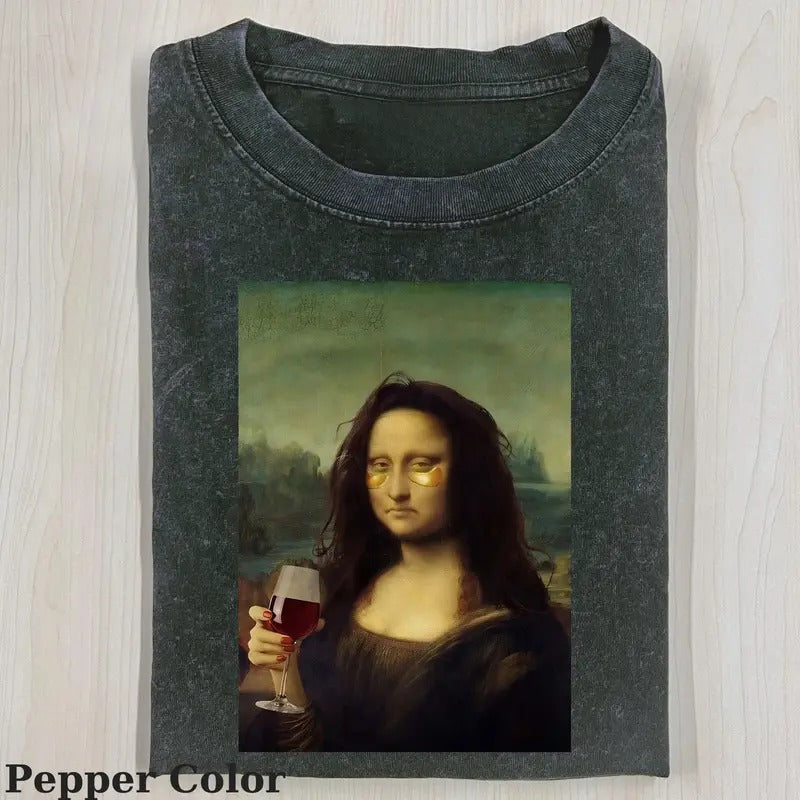 Funny Character Vintage Mona Lisa Drink Wine Meme - Adult & Kids T-Shirts, Sweatshirts & Hoodies apparel design preview 1