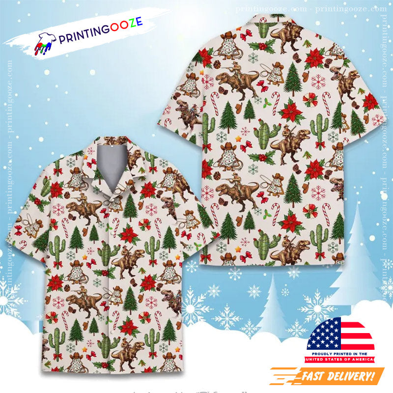 Funny Christmas Cowboy Riding Dinosaur Hawaiian - Adult & Kids T-Shirts, Sweatshirts & Hoodies apparel design preview 1