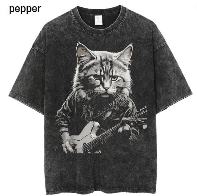 Funny Guitar Cat Rock Playing Music Cute Vintage - Adult & Kids T-Shirts, Sweatshirts & Hoodies apparel design preview 1