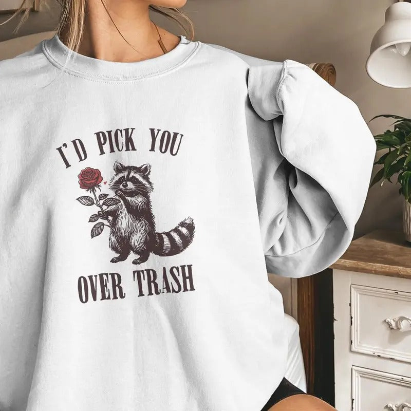 Funny Raccoon Valentines I Pick You Over Trash - Adult & Kids T-Shirts, Sweatshirts & Hoodies apparel design preview 1