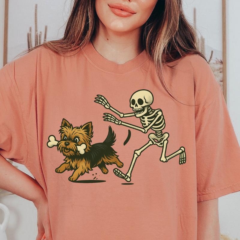 Funny Skeleton Chasing Yorkie Dog Halloween Spooky - Adult & Kids T-Shirts, Sweatshirts & Hoodies apparel design preview 1