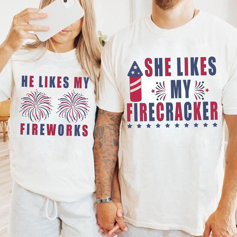 Funny USA Fireworks Couple He Likes My 4th July - Adult & Kids T-Shirts, Sweatshirts & Hoodies apparel design preview 1