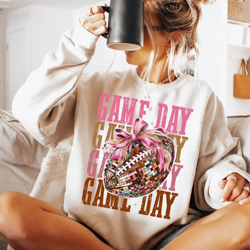 Game Day Coquette Football Bow Classic Cotton Print - Adult & Kids T-Shirts, Sweatshirts & Hoodies apparel design preview 1