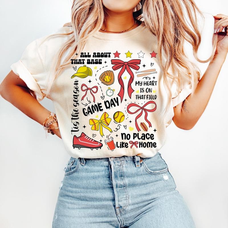 Game Day Softball Coquette Retro Bow Mama Mom Preppy - Adult & Kids T-Shirts, Sweatshirts & Hoodies apparel design preview 1