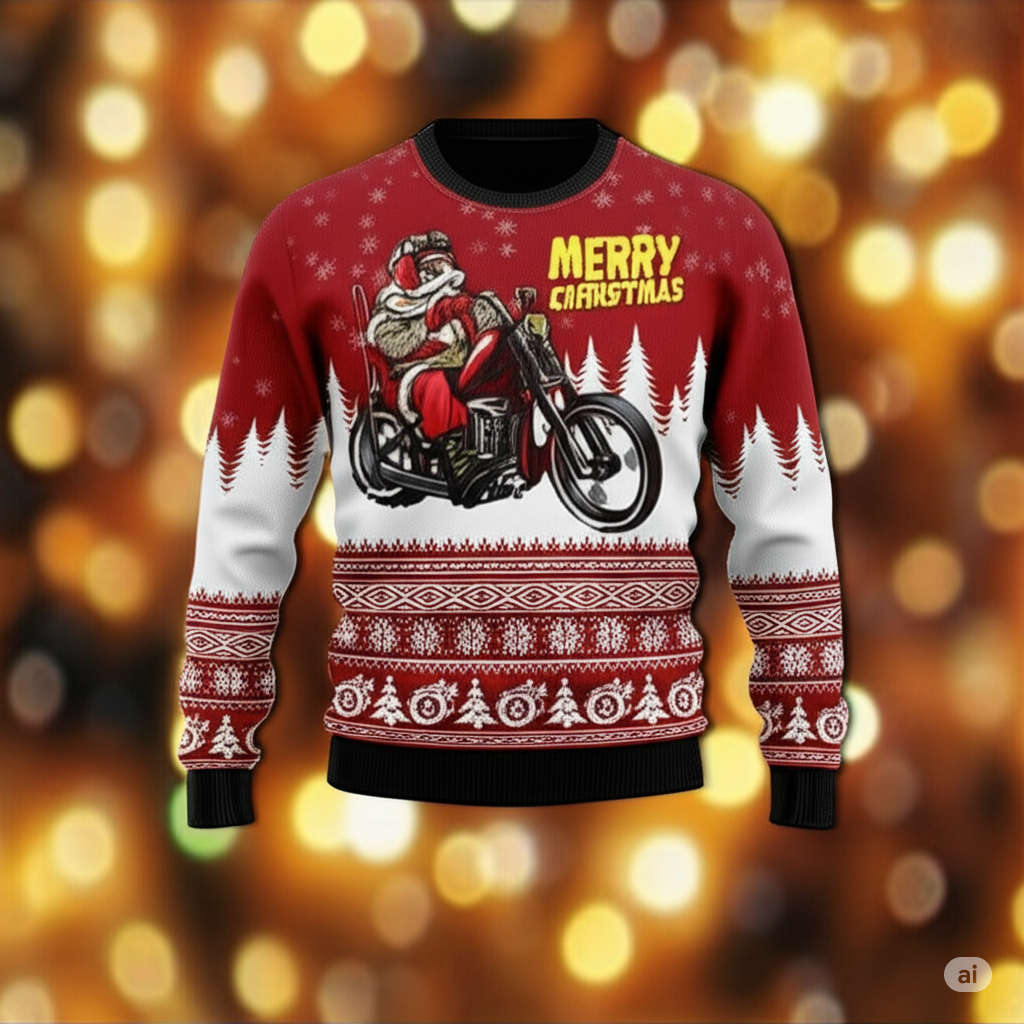 Santa Riding Harley Davidson Funny Xmas Gifts Ugly Christmas Sweater - Holiday Gift product image 2
