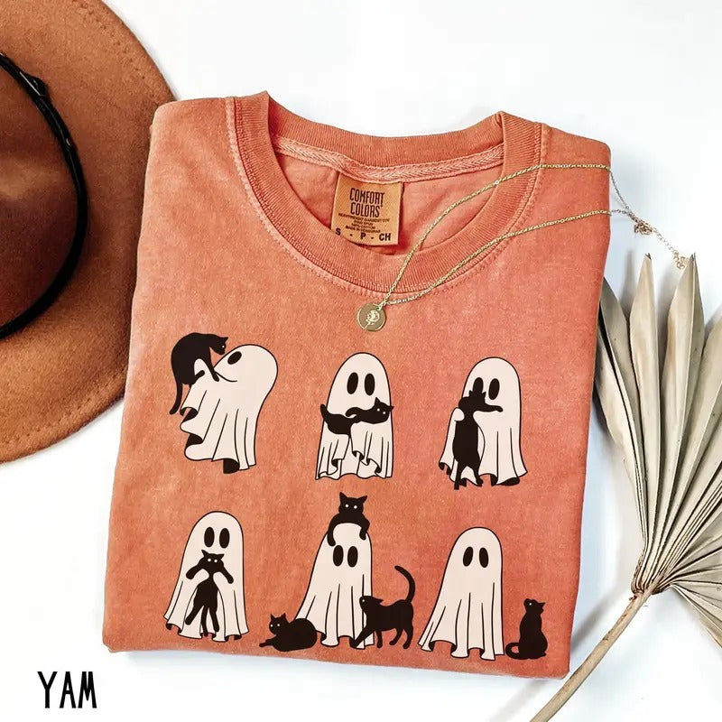 Ghost Cat Comfort Colors Cute Lovers Retro Halloween - Adult & Kids T-Shirts, Sweatshirts & Hoodies apparel design preview 1