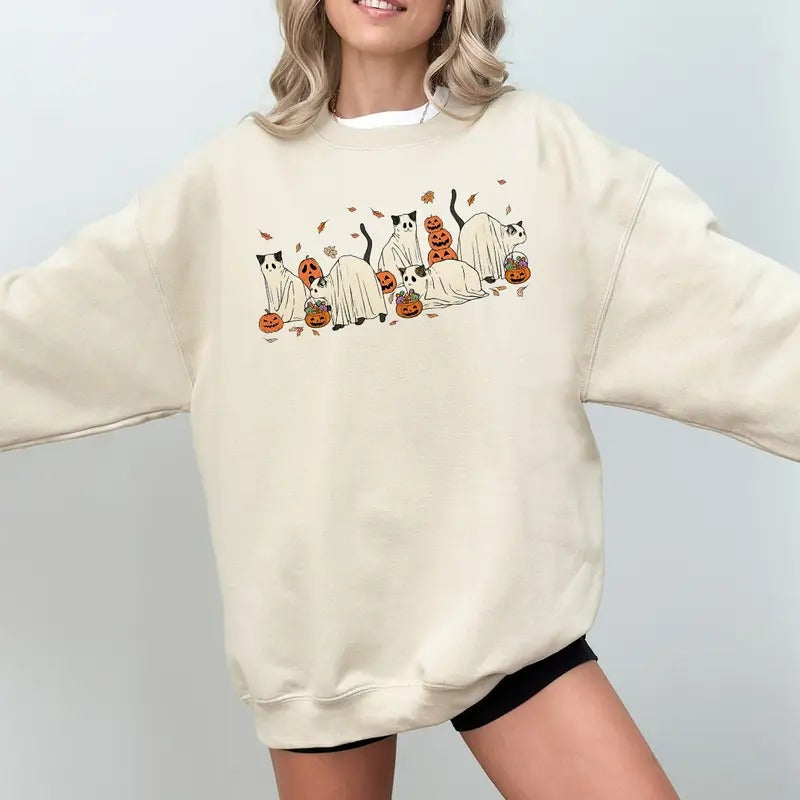 Ghost Cats Halloween Cat Black - Adult & Kids T-Shirts, Sweatshirts & Hoodies apparel design preview 1