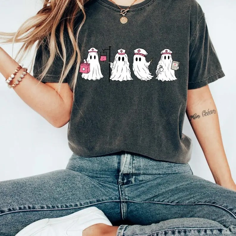 Ghost Nurse Halloween Comfort Colors Spooky Boo Crew - Adult & Kids T-Shirts, Sweatshirts & Hoodies apparel design preview 1