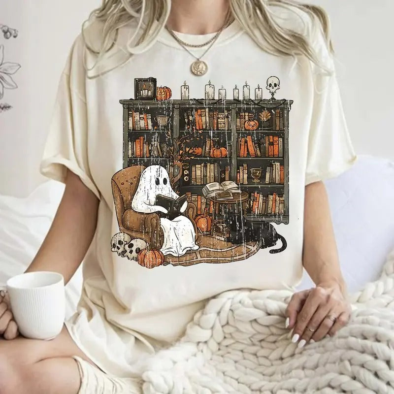 Ghost Reading Book Halloween Bookshelf Ghostly - Adult & Kids T-Shirts, Sweatshirts & Hoodies apparel design preview 1