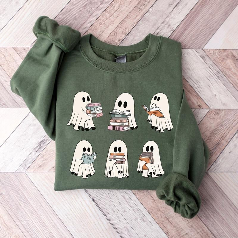 Ghost Reading Books Bookish Halloween Teacher - Adult & Kids T-Shirts, Sweatshirts & Hoodies apparel design preview 1