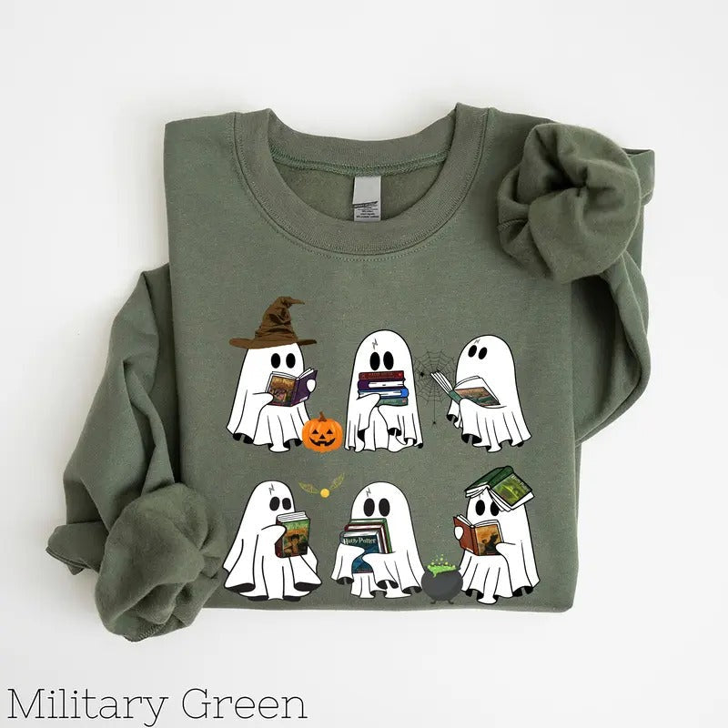 Ghost Reading Books Bookish Halloween Teacher - Adult & Kids T-Shirts, Sweatshirts & Hoodies apparel design preview 1