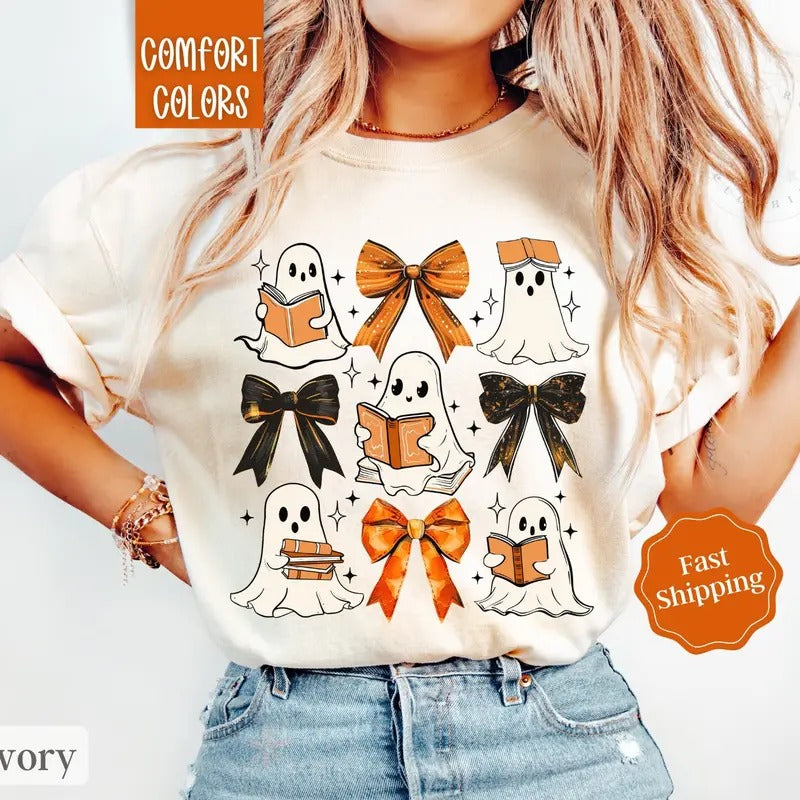 Ghost Reading Comfort Colors Teacher Halloween - Adult & Kids T-Shirts, Sweatshirts & Hoodies apparel design preview 1