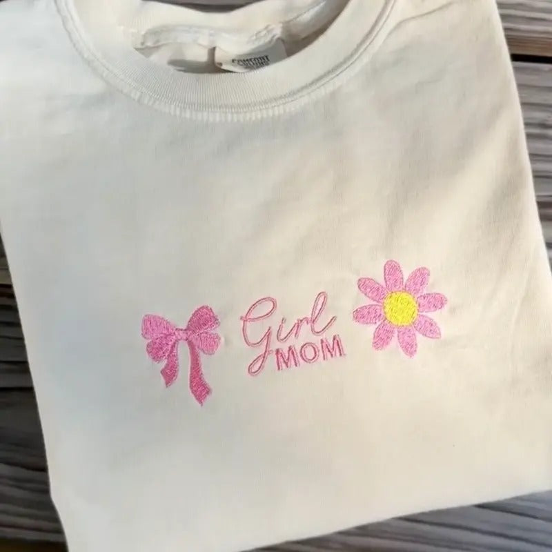 'Girl Mom' Flowers Bows Embroidery Comfort Colors - Adult & Kids T-Shirts, Sweatshirts & Hoodies apparel design preview 1