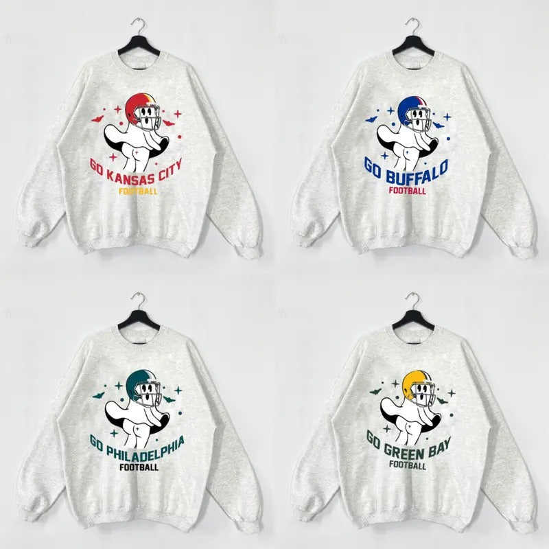 Go All Team Football Funny Ghost Vintage Cute Spooky - Adult & Kids T-Shirts, Sweatshirts & Hoodies apparel design preview 1