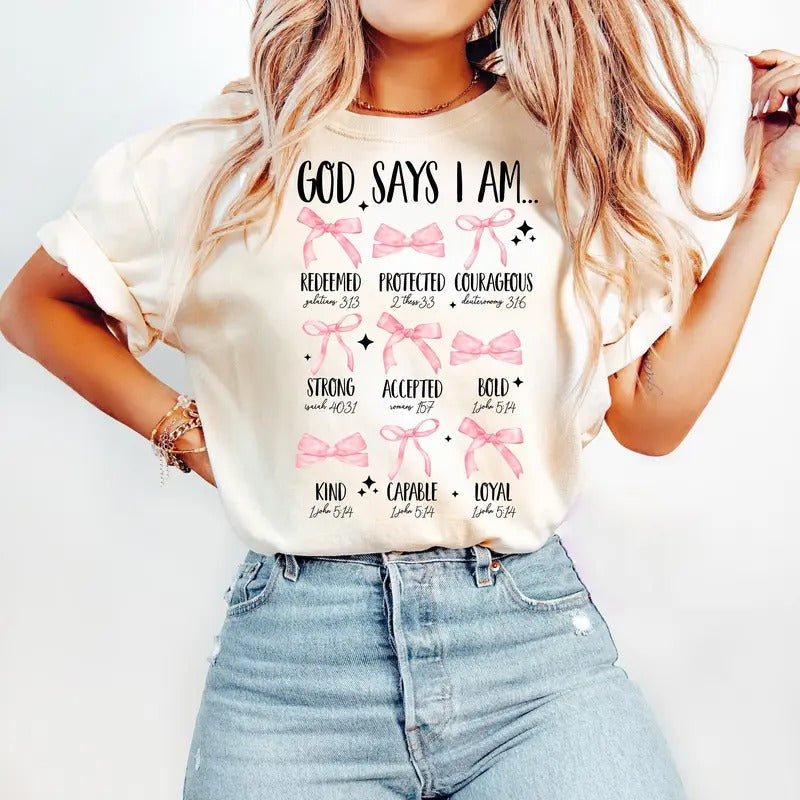 God Says I Am Coquette Bow Christian Matthew 28 6 - Adult & Kids T-Shirts, Sweatshirts & Hoodies apparel design preview 1