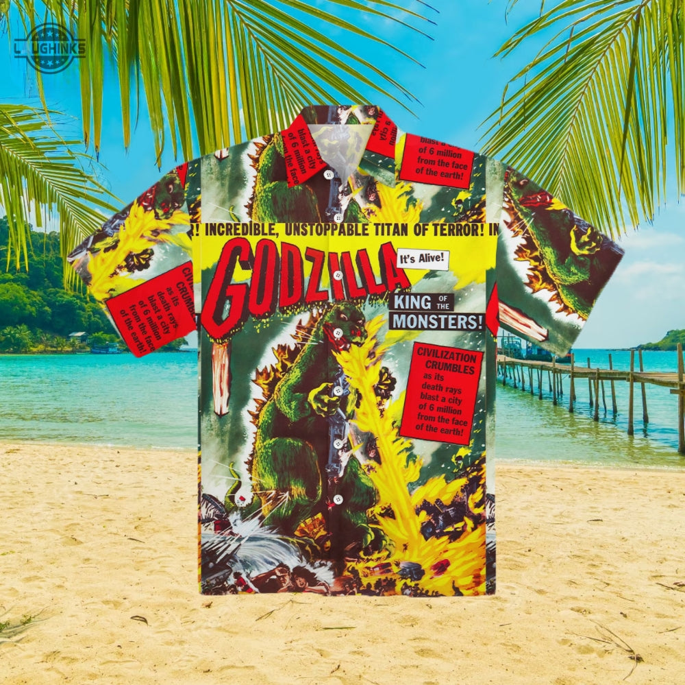 Godzilla Hawaiian And Shorts Toho Button Up Day Movie - Adult & Kids T-Shirts, Sweatshirts & Hoodies apparel design preview 1