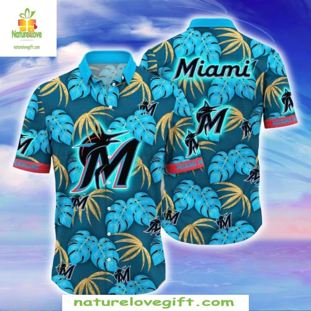Miami Marlins Hawaiian Golden Palms Retreat Stylish - Adult & Kids T-Shirts, Sweatshirts & Hoodies apparel design preview 1