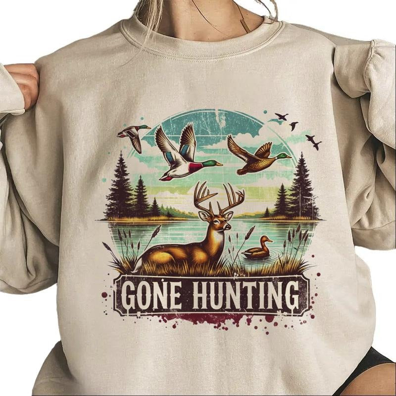 Gone Hunting Deer Mallard Duck Retro Season National - Adult & Kids T-Shirts, Sweatshirts & Hoodies apparel design preview 1