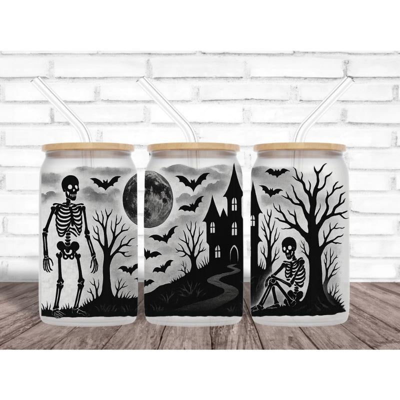 Gothic Skeleton Haunted House Glass Can Tumbler - Adult & Kids T-Shirts, Sweatshirts & Hoodies apparel design preview 1