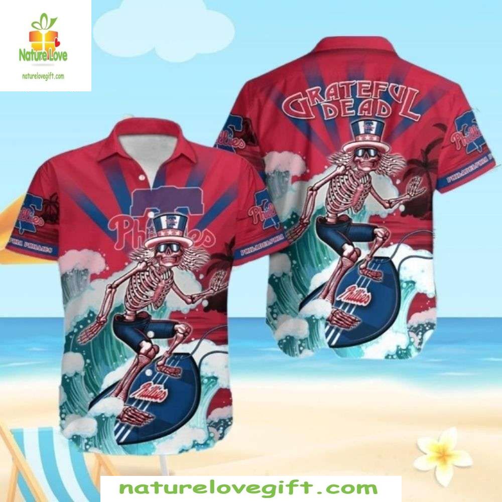 Philadelphia Phillies Hawaiian Red Skeleton Surf - Adult & Kids T-Shirts, Sweatshirts & Hoodies apparel design preview 1