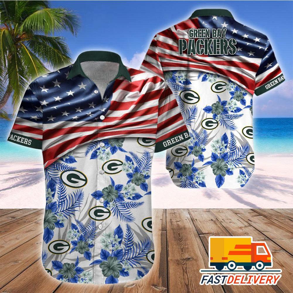 Green Bay Packers Hawaiian with American Flag Floral - Adult & Kids T-Shirts, Sweatshirts & Hoodies apparel design preview 1