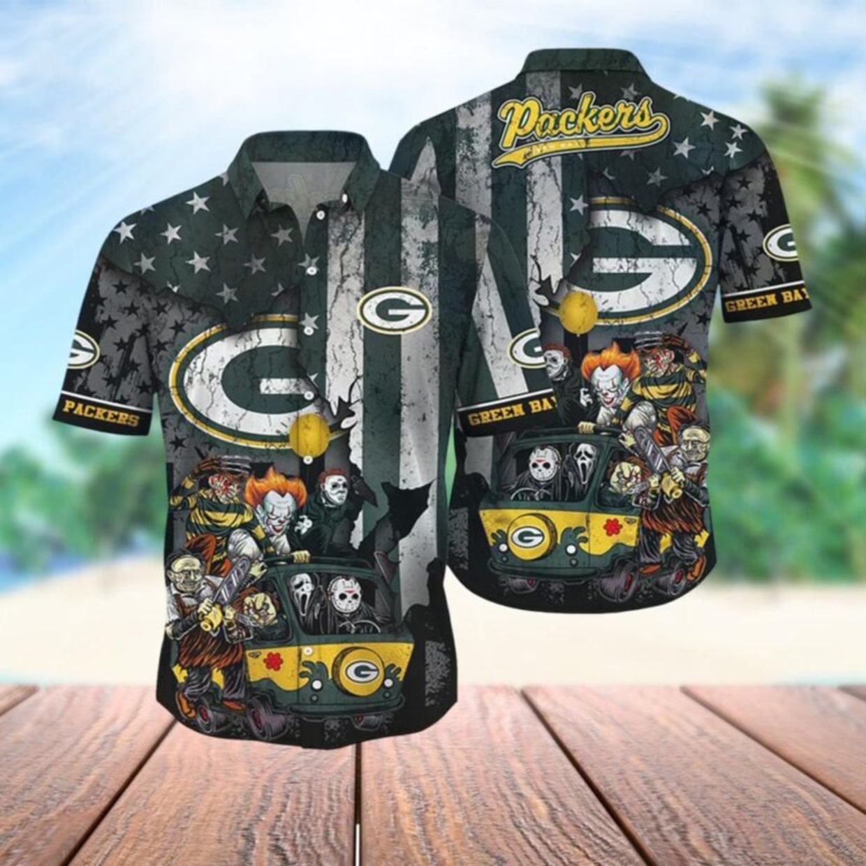 Green Bay Packers Hawaiian Horror Ride Design by - Adult & Kids T-Shirts, Sweatshirts & Hoodies apparel design preview 1
