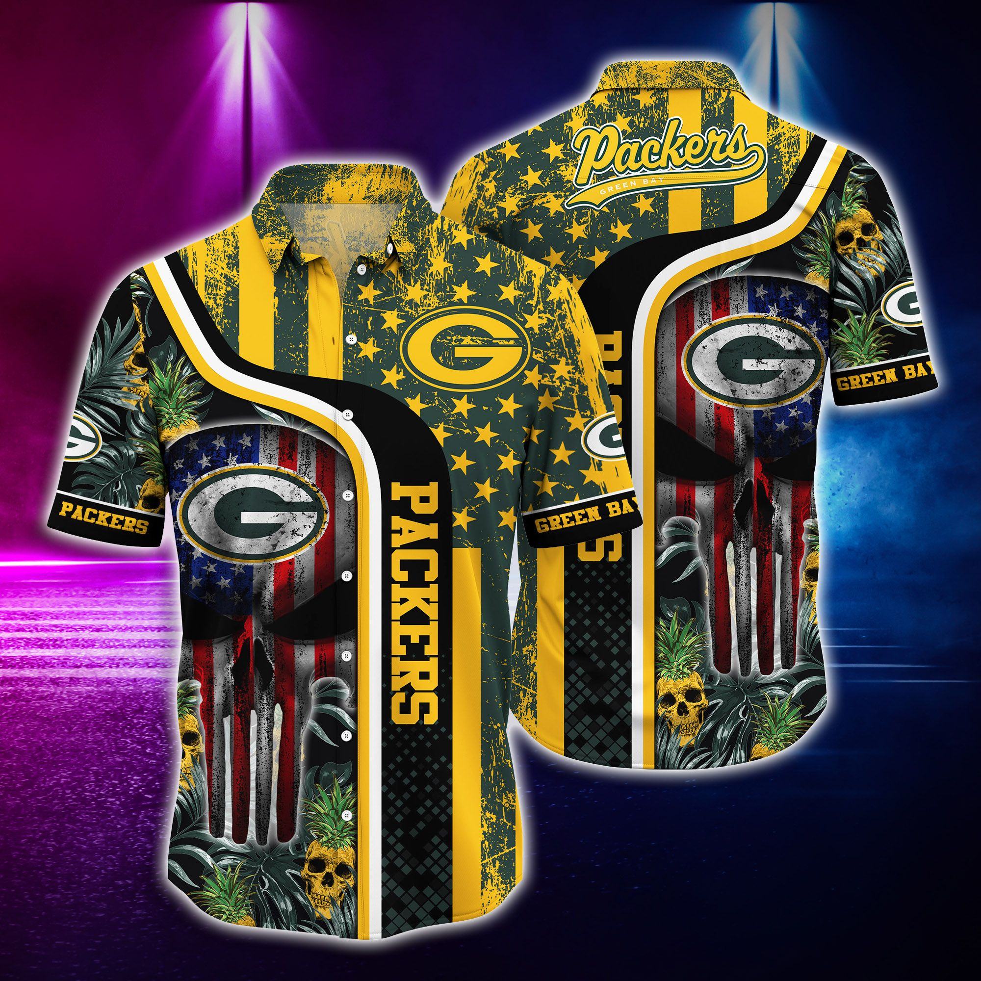 Green Bay Packers Stars Stripes Skull Hawaiian 385740 - Adult & Kids T-Shirts, Sweatshirts & Hoodies apparel design preview 1