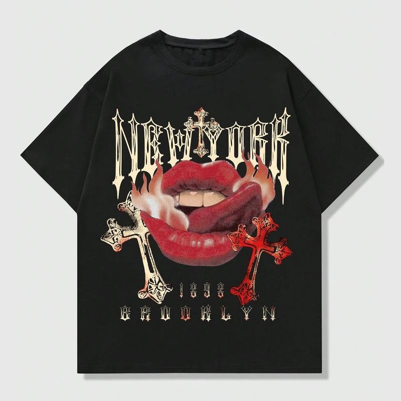 Grunge Punk Cross Lips Y2k Print Top Streetwear - Adult & Kids T-Shirts, Sweatshirts & Hoodies apparel design preview 1