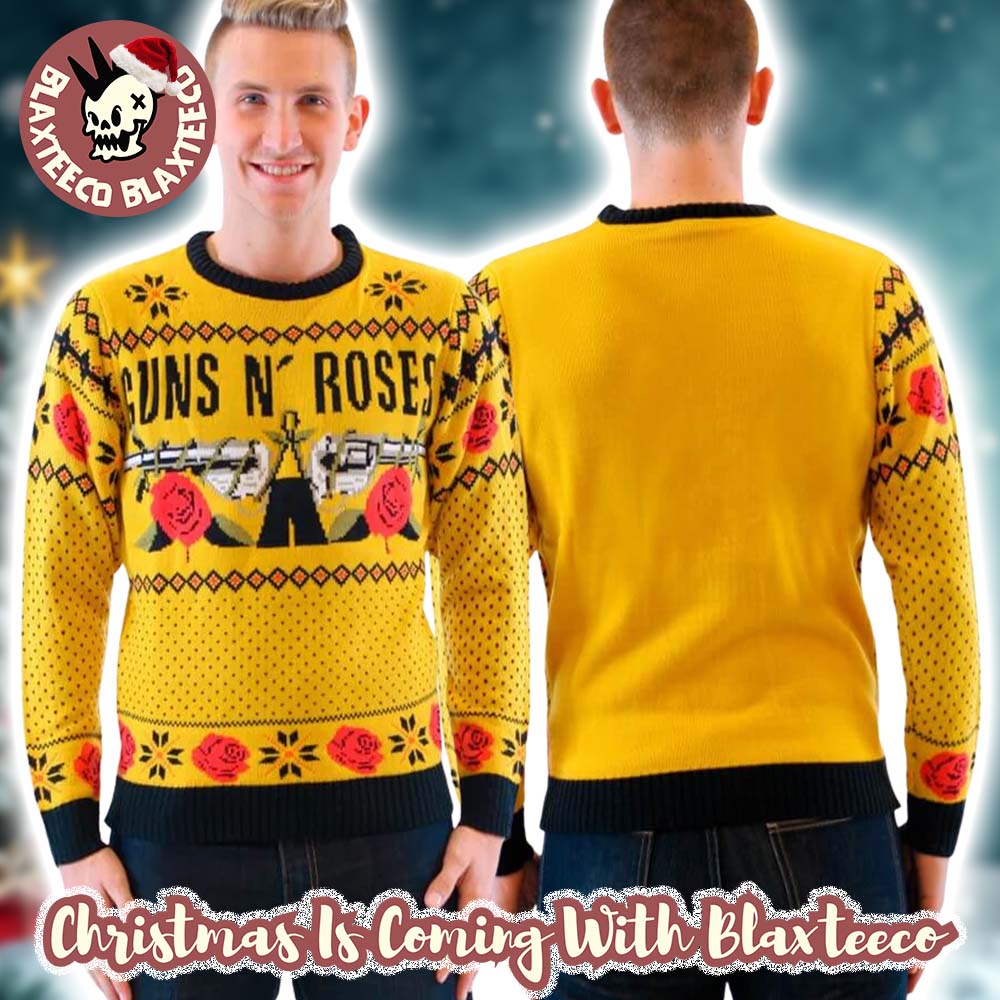 Guns N Roses Big Signature Logo Roses Pattern Knitted Mustard Ugly Christmas Sweater - Holiday Gift product image