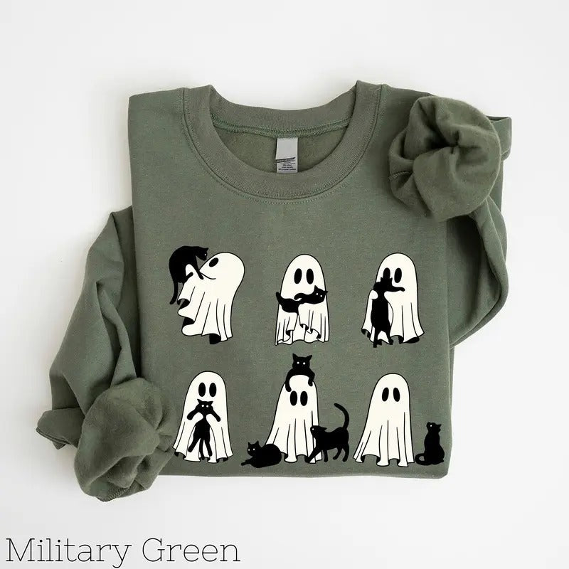 Halloween Cat Ghost Happy Retro Spooky Season Black - Adult & Kids T-Shirts, Sweatshirts & Hoodies apparel design preview 1