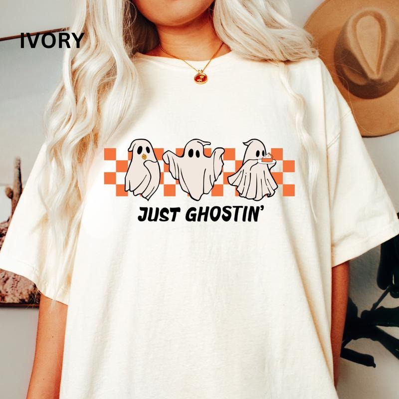 Halloween Comfort Colors Retro Checkered Just Ghostin - Adult & Kids T-Shirts, Sweatshirts & Hoodies apparel design preview 1