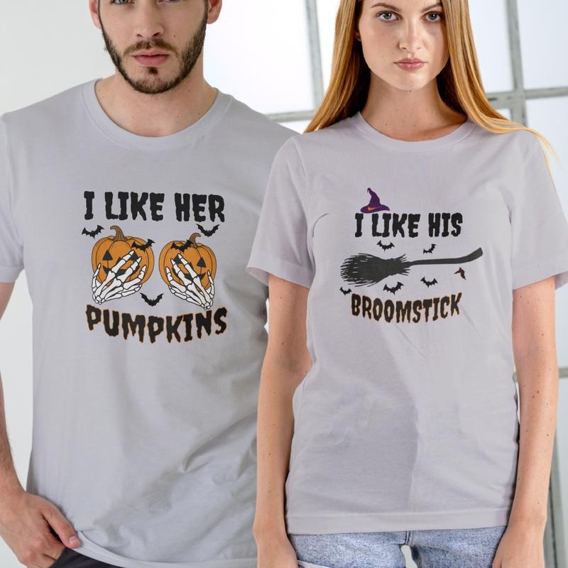 Halloween Couples I Like Her Pumpkins His Broomstick - Adult & Kids T-Shirts, Sweatshirts & Hoodies apparel design preview 1