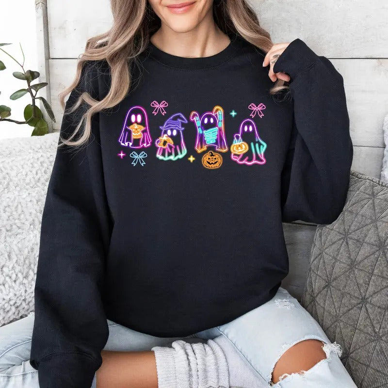 Halloween Ghost Neon Coquette Bow Spooky Ghosts - Adult & Kids T-Shirts, Sweatshirts & Hoodies apparel design preview 1