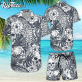 Halloween Skull Tropical Grey Hawaiian And Shorts - Adult & Kids T-Shirts, Sweatshirts & Hoodies apparel design preview 1