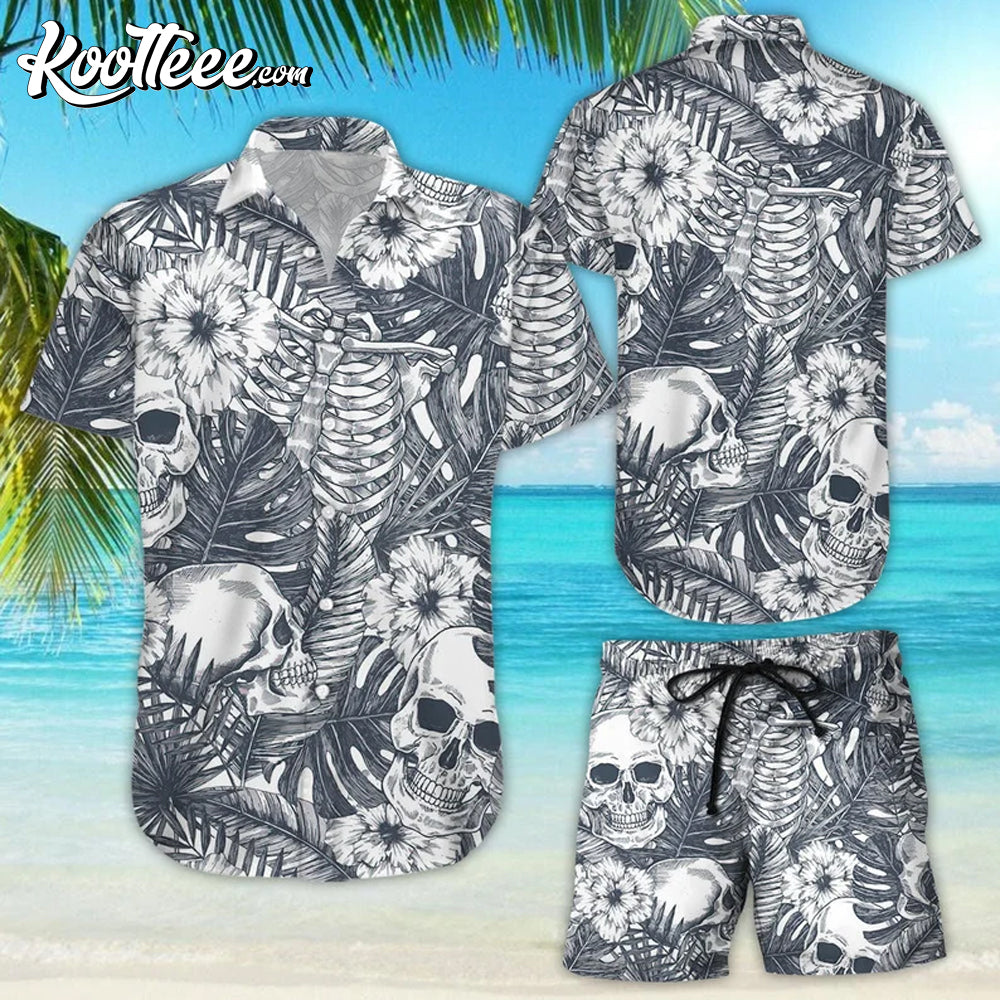 Halloween Skull Tropical Grey Hawaiian And Shorts - Adult & Kids T-Shirts, Sweatshirts & Hoodies apparel design preview 1