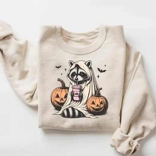 Halloween Cute Raccoon Ghost Retro Spooky Season - Adult & Kids T-Shirts, Sweatshirts & Hoodies apparel design preview 1