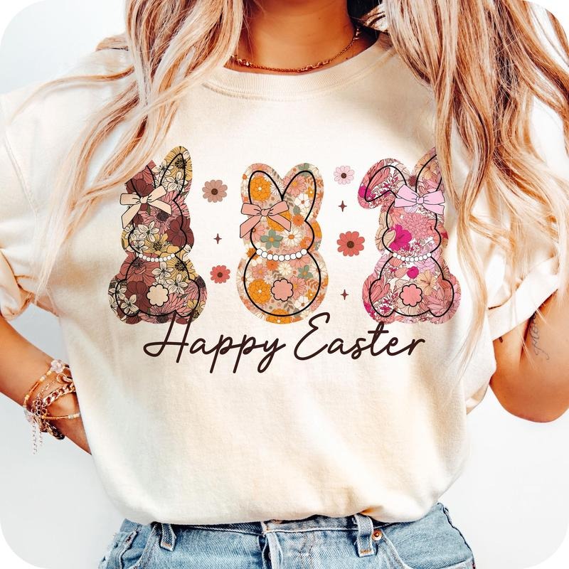 Happy Easter Bunny Floral Retro Spring Girly Coquette - Adult & Kids T-Shirts, Sweatshirts & Hoodies apparel design preview 1