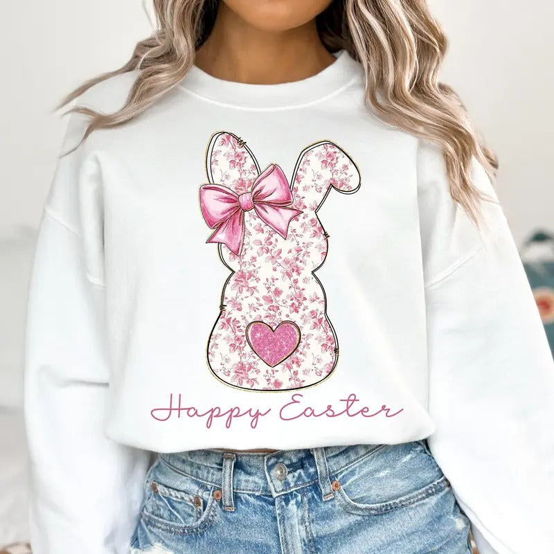 Happy Easter Pink Floral Chinoiserie Bunny Toile - Adult & Kids T-Shirts, Sweatshirts & Hoodies apparel design preview 1