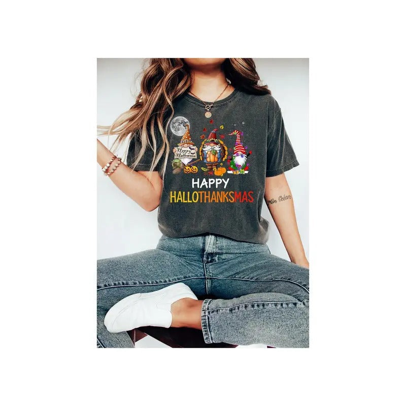 Happy Hallothanksmas Halloween Thanksgiving Gnome - Adult & Kids T-Shirts, Sweatshirts & Hoodies apparel design preview 1