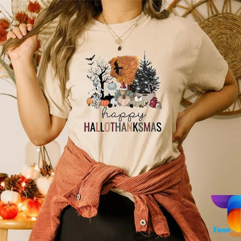 Happy Hallothanksmas Halloween Thanksgiving Season - Adult & Kids T-Shirts, Sweatshirts & Hoodies apparel design preview 1