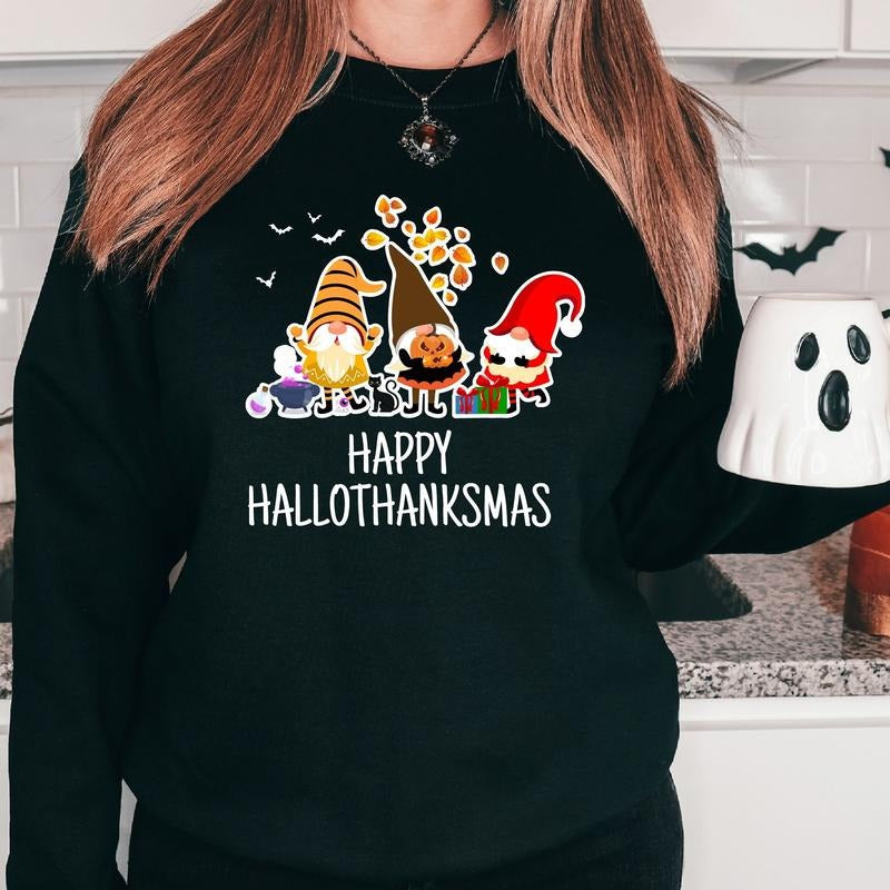 Happy Hallowthanksmas Seasonal Gnomes Halloween - Adult & Kids T-Shirts, Sweatshirts & Hoodies apparel design preview 1