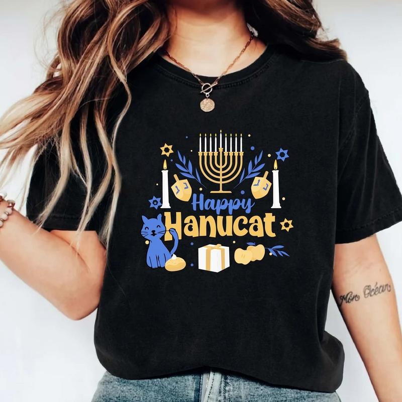 Happy Hanucat Matching Jewish Family Hanukkah Menorah - Adult & Kids T-Shirts, Sweatshirts & Hoodies apparel design preview 1