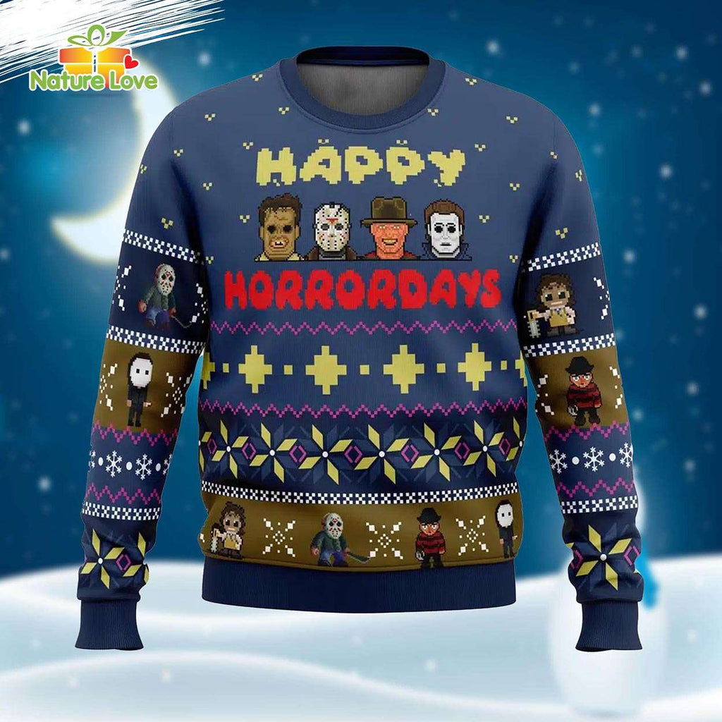 Happy Horrordays Horror Characters Friends Ugly Christmas Sweater - Holiday Gift product image