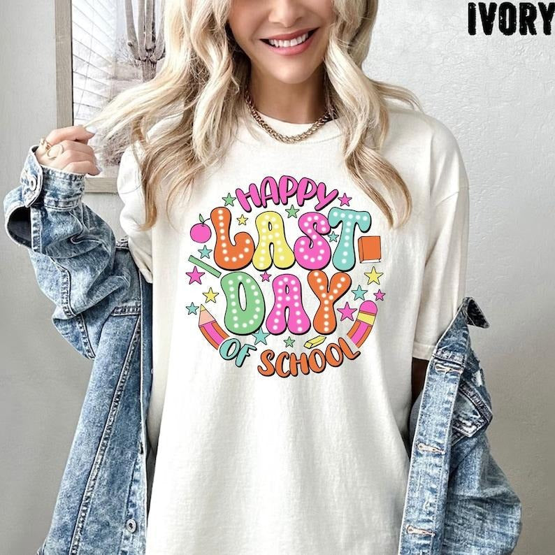 Happy Last Day School Retro Teacher Funny - Adult & Kids T-Shirts, Sweatshirts & Hoodies apparel design preview 1