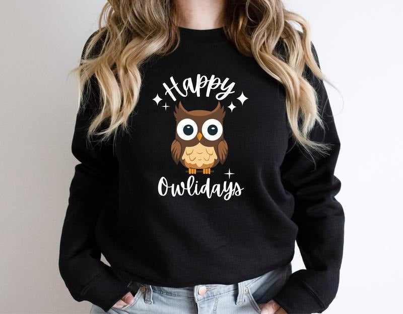 Happy Owlidays Owl Lover Funny Bird Holidays - Adult & Kids T-Shirts, Sweatshirts & Hoodies apparel design preview 1