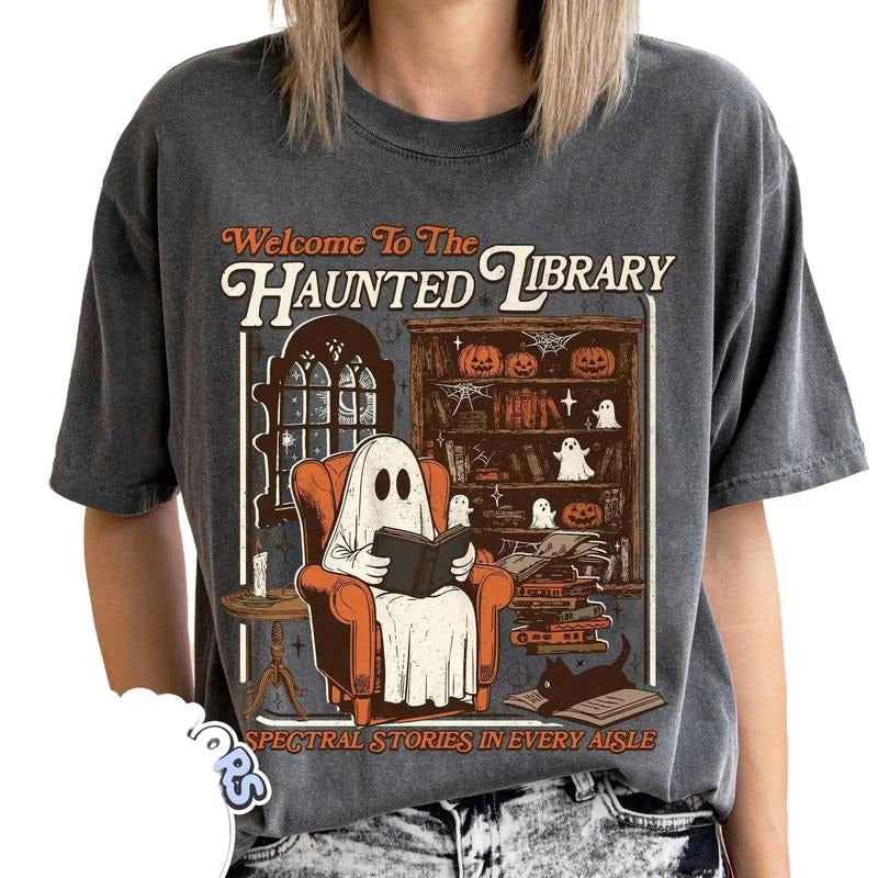 Haunted Library Comfort Colors Retro Ghost Reading - Adult & Kids T-Shirts, Sweatshirts & Hoodies apparel design preview 1