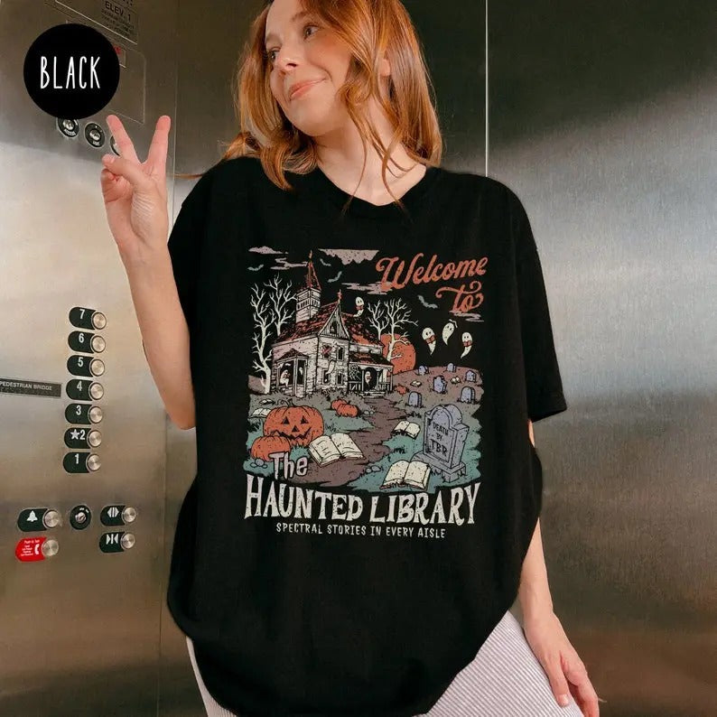 Haunted Library Book Lover Funny Halloween Librarian - Adult & Kids T-Shirts, Sweatshirts & Hoodies apparel design preview 1