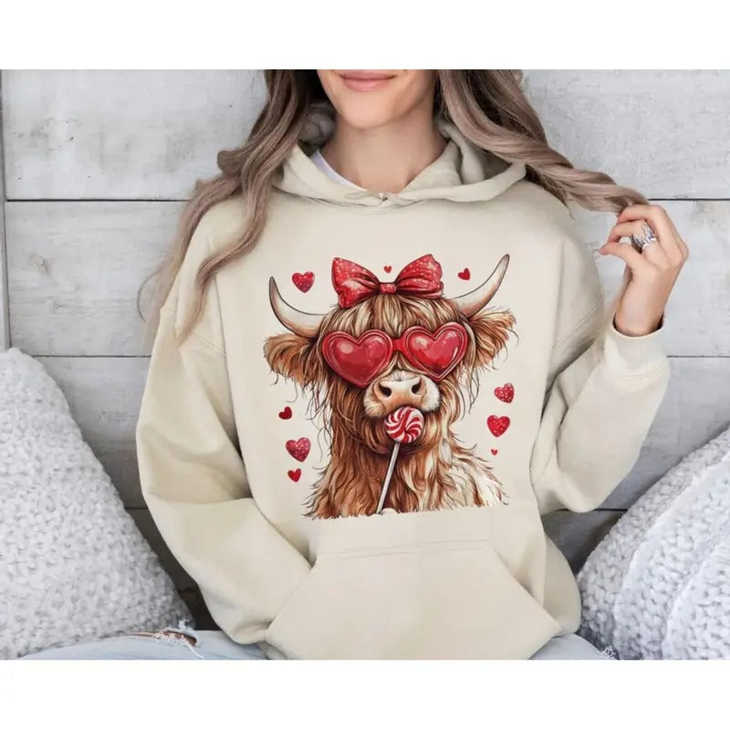 Highland Cow Valentine Coquette Retro Heart Love - Adult & Kids T-Shirts, Sweatshirts & Hoodies apparel design preview 1